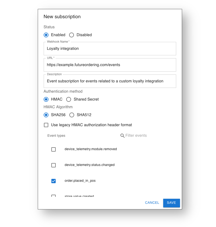 Screenshots of the GUI dialog for creating a new event subscription.
