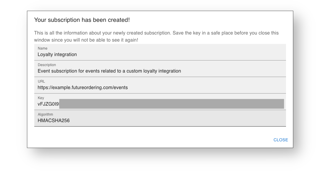 Screenshot of the confirmation dialog shown after creating a new event subscription. Most importantly, this dialog contains the shared secret key used to validate the signature of events being sent.